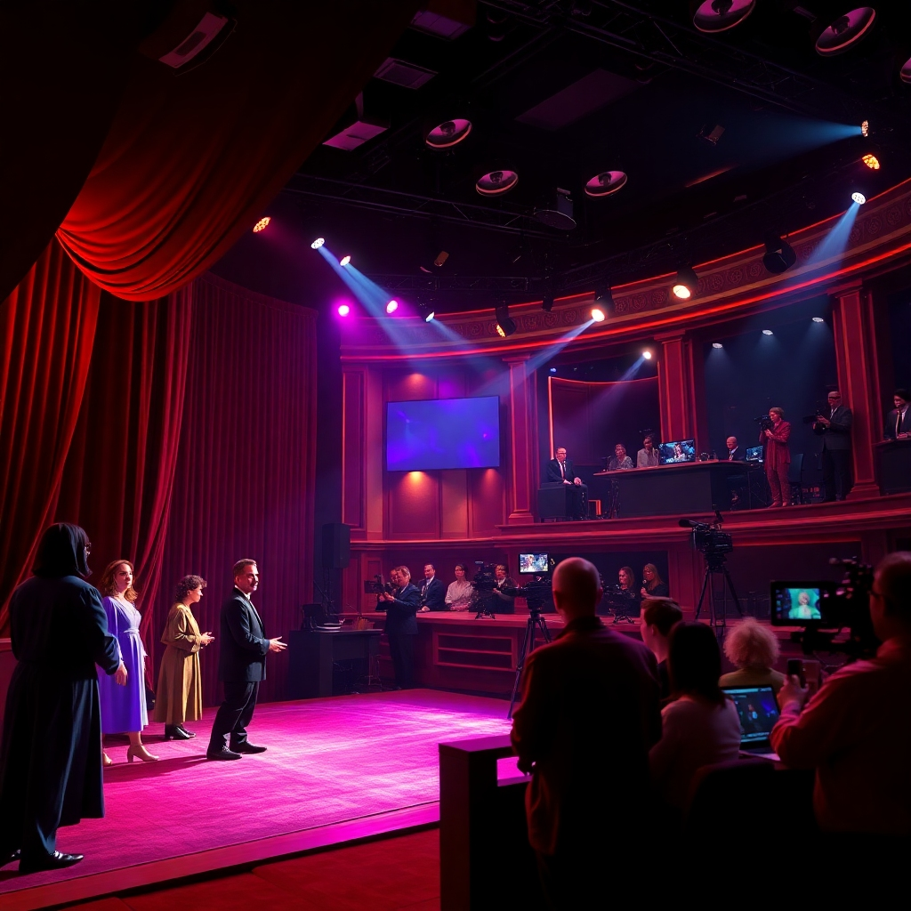 A dramatic image showcasing the magic of theater and television production. A stage is lit with vibrant spotlights, with actors performing a scene from a play. A television studio is visible in the background, with cameras rolling and crew members working behind the scenes. The color palette is rich and theatrical, with a focus on reds, golds, and purples. The camera angle is a wide shot, capturing the scale and grandeur of the productions. Render in 4K resolution.