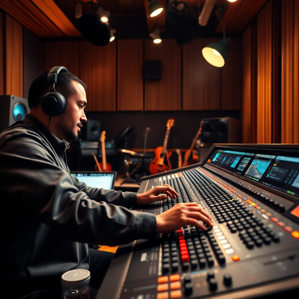 A photorealistic image of a professional recording studio. A sound engineer is meticulously adjusting the levels on a large mixing console, with various instruments and microphones visible in the background. The lighting is warm and focused, highlighting the equipment and the engineer's expertise. The camera angle is a close-up shot, capturing the details of the console and the engineer's focused expression. The color palette is dominated by dark tones with pops of color from the equipment. Render in 4K resolution.