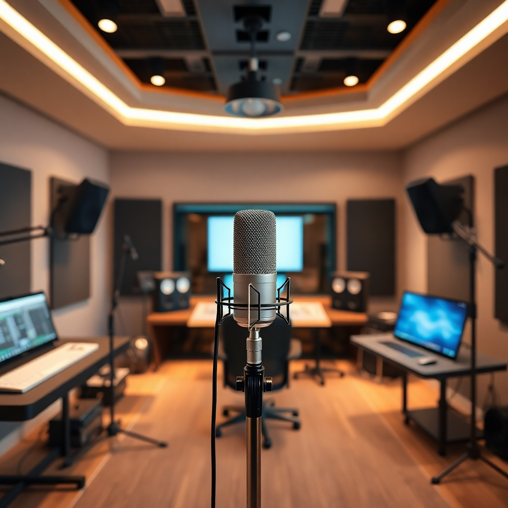 A photorealistic image of a state-of-the-art recording studio. A microphone stands in front of a vocal booth, with a mixing console and computer monitors visible in the background. The lighting is soft and inviting, creating a professional and creative atmosphere. The camera angle is a medium shot, capturing the equipment and the overall ambiance. Render in 4K resolution.