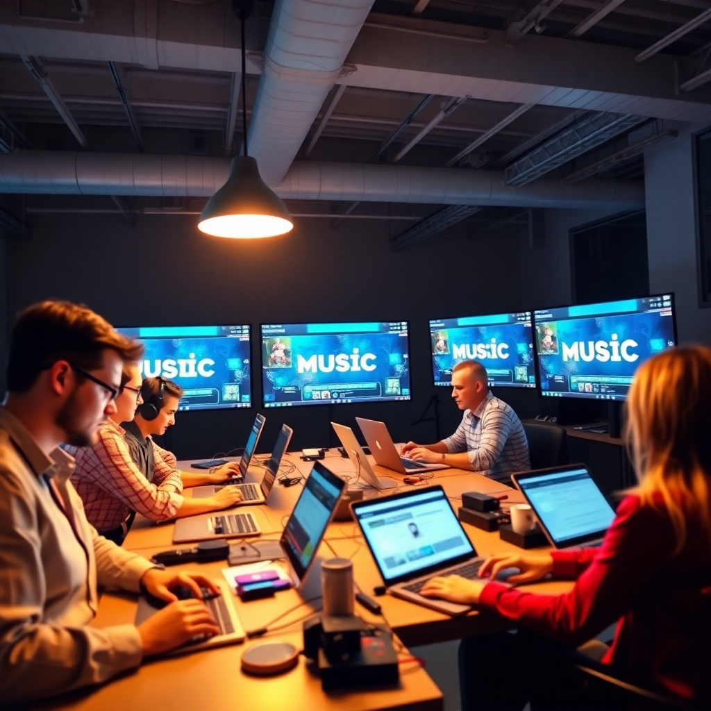 A striking image of different people working in the social media marketing space with screens, laptops, tablets, all focusing on music. The lighting is modern and chic with a focus on clean energy and technology.
