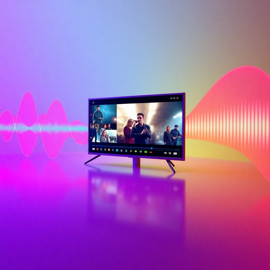 A stylized image representing the synergy between music and media. A waveform seamlessly transitions into a video screen, showcasing various scenes from films, television shows, and online content. The color palette is vibrant and dynamic, with a focus on contrasting colors. The camera angle is a dynamic shot, capturing the movement and energy of the transition. Render in 4K resolution.