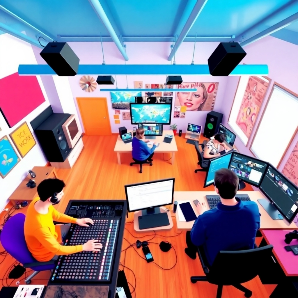 A stylized picture of an open creative space where people collaborate. There is a sound engineer on a sound board, a marketer typing at a computer, film editors working on a computer with a large screen. The view is taken from above and the colors are very vibrant.