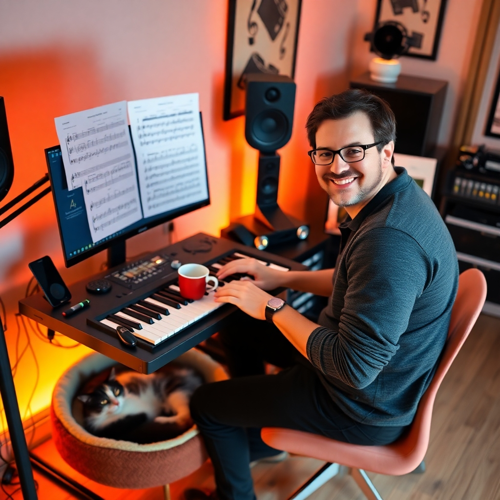 A visually striking image showing a music composer composing a score in their studio, lit with warm, inviting lighting. A cup of coffee sits on their desk beside a MIDI keyboard. Their cat sleeps in a cat bed beside their feet. The composer is smiling to the viewer as they are excited by their composition.