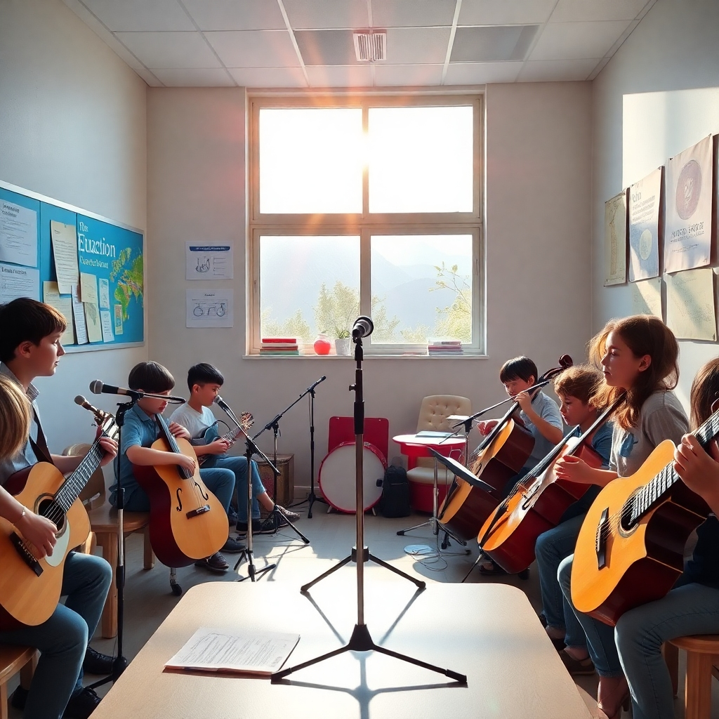 A heartwarming image of a music class in session. A diverse group of students are engaged in learning various instruments, guided by a passionate instructor. The classroom is bright and inviting, with colorful posters and musical instruments adorning the walls. The camera angle is a medium shot, capturing the interaction between the students and the instructor. The color palette is warm and inviting, with a focus on primary colors. Render in 4K resolution.