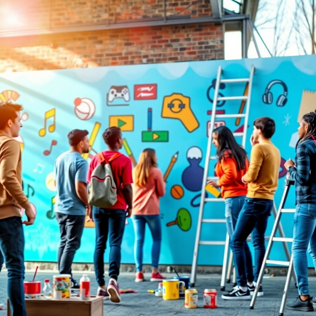 Create a 4K resolution, high-quality image representing the essence of Jongerencentrum Multi-Club. The scene should feature a group of diverse young people collaborating on a community mural project. The mural should depict symbols representing various activities offered by the center, such as musical notes, game controllers, sports equipment, and paintbrushes. The lighting should be bright and uplifting, with natural sunlight illuminating the scene. The color palette should be vibrant and inclusive, reflecting the diversity of the youth center. The camera angle should be a medium shot, focusing on the collaborative effort and the positive energy of the participants. Include props like paint cans, brushes, stencils, and ladders. The overall style should be stylized and optimistic, conveying a sense of creativity, community, and empowerment. Reference the visual style of street art and positive social messaging campaigns. The environment should be an urban setting with a blurred background to keep the focus on the mural and the participants.