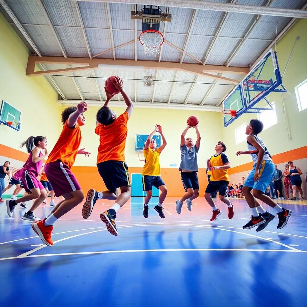 Create a dynamic, photorealistic image of young people playing basketball in a brightly lit indoor court at the youth center. Capture the energy and excitement of the game, with players leaping, dribbling, and shooting. The lighting should be bright and even, highlighting the action. The color palette should be vibrant and sporty, with contrasting team colors. The camera angle should be a low angle, emphasizing the athleticism of the players. Include details like basketballs, hoops, scoreboards, and cheering spectators. The style should be energetic and competitive, showcasing the benefits of sports and teamwork.