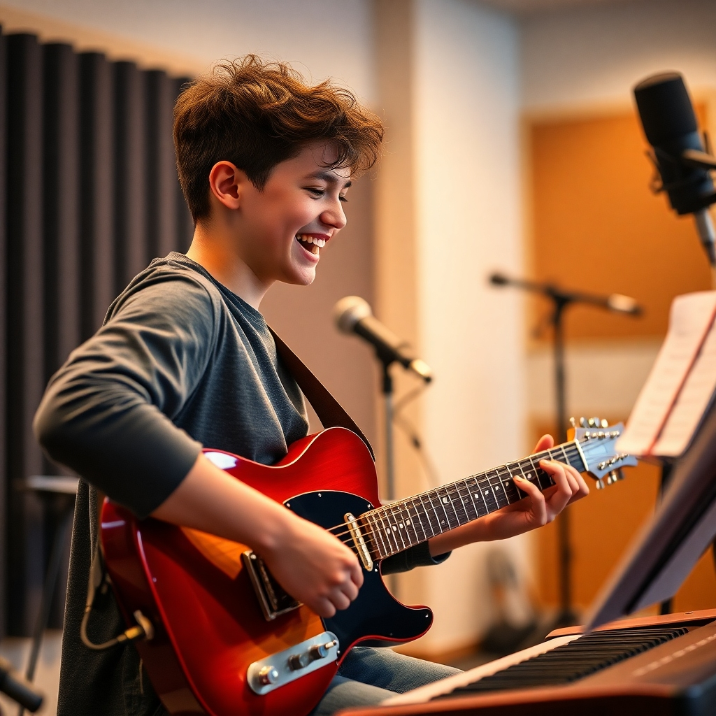 Create a photorealistic image of a young person passionately playing a musical instrument (e.g., guitar, keyboard) in a dedicated music room within the youth center. Focus on capturing the emotion and concentration of the individual. The lighting should be warm and inviting, highlighting the instrument and the musician's face. The background should be slightly blurred to keep the focus on the subject. Include details like sheet music, microphones, and soundproofing panels to convey a professional environment. The style should be realistic and inspiring, showcasing the joy of musical expression.