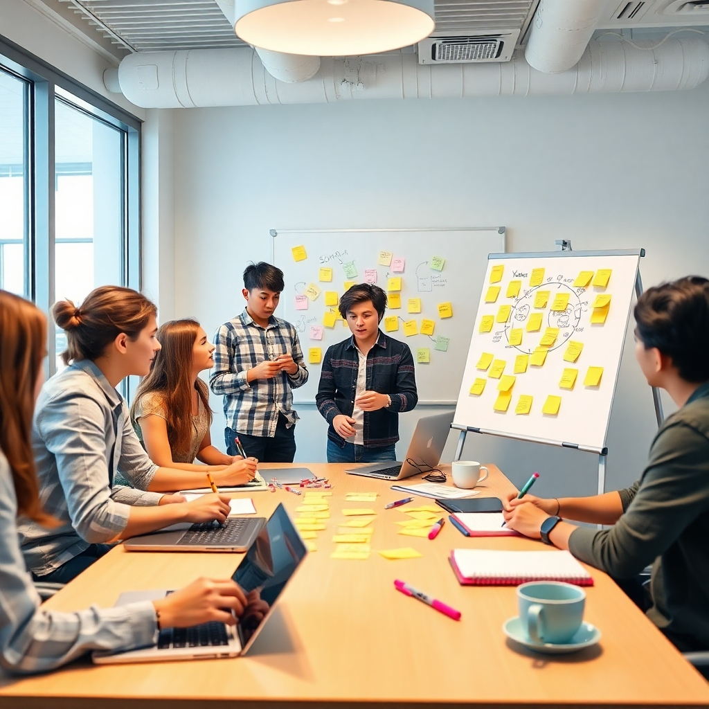 Create a photorealistic image of a group of young people actively participating in a brainstorming session around a table in a brightly lit meeting room within the youth center. Show them writing on sticky notes, drawing on a whiteboard, and engaging in lively discussions. The lighting should be bright and energizing, promoting creativity and collaboration. The color palette should be neutral and inviting, with pops of color from the sticky notes and markers. The camera angle should be a medium shot, capturing the expressions and gestures of the participants. Include details like laptops, notebooks, and coffee cups to convey a sense of productivity and engagement. The style should be professional and inclusive, emphasizing the importance of youth participation.