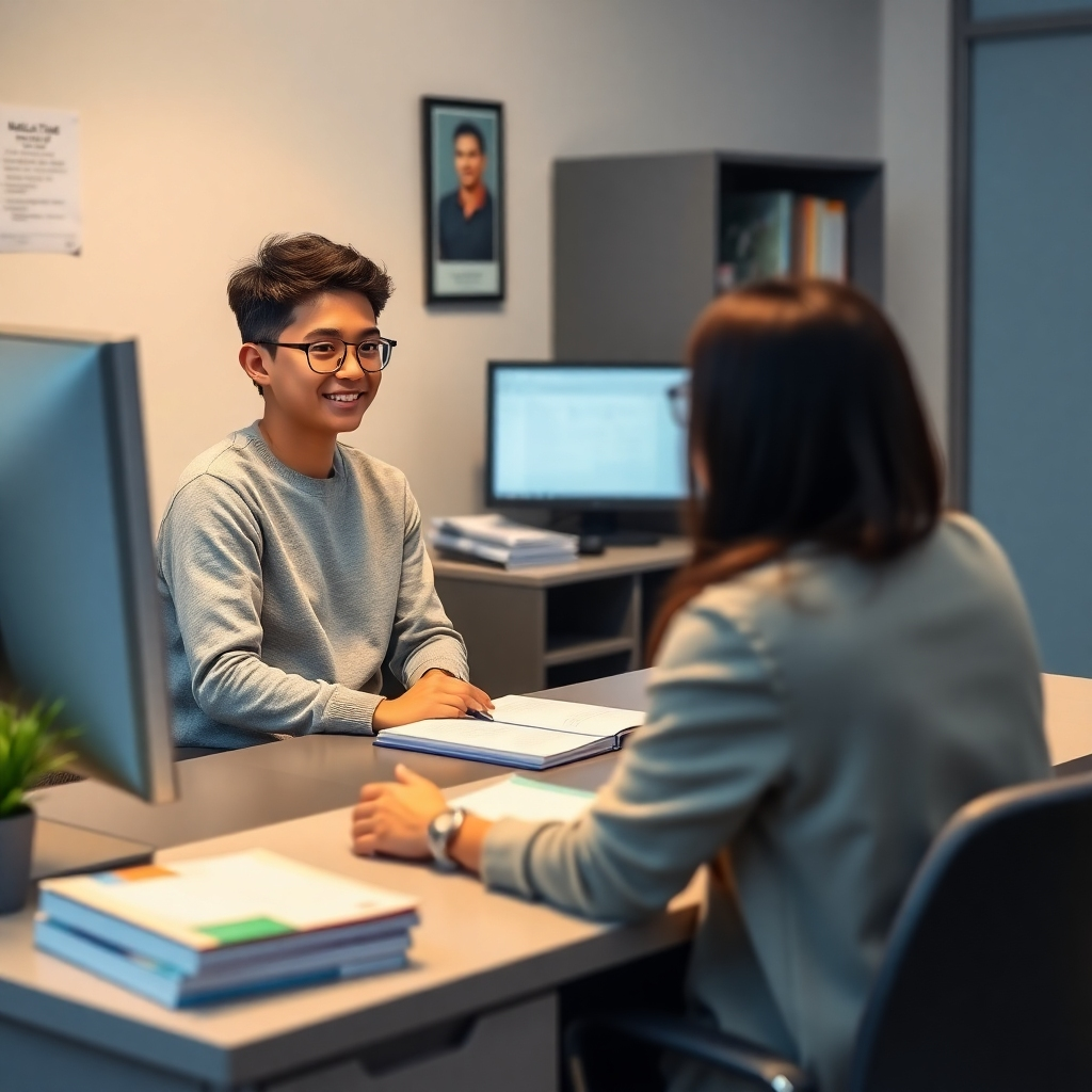 Create a photorealistic image of a young person sitting at a desk, talking to a friendly advisor in a quiet and supportive office environment within the youth center. The lighting should be soft and welcoming, creating a comfortable and confidential atmosphere. The color palette should be neutral and calming, promoting a sense of trust and understanding. The camera angle should be a medium shot, capturing the expressions of both the young person and the advisor. Include details like books, folders, and a computer monitor displaying helpful resources. The style should be professional and empathetic, showcasing the value of guidance and support.