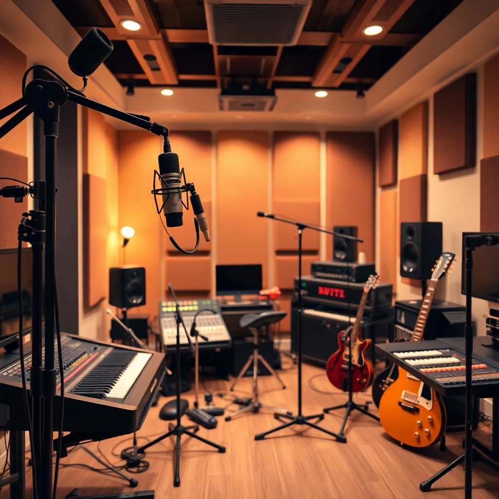 Create a photorealistic image of a fully equipped music recording studio within the youth center. Focus on the professional equipment, including microphones, mixing boards, and instruments. The lighting should be warm and inviting, creating a comfortable and inspiring environment for musicians. The color palette should be neutral and balanced, allowing the equipment and instruments to stand out. The camera angle should be a medium shot, capturing the details of the studio and the atmosphere of creativity. Include details like soundproofing panels, headphones, and computer monitors. The style should be clean and professional, showcasing the quality of the recording studio.