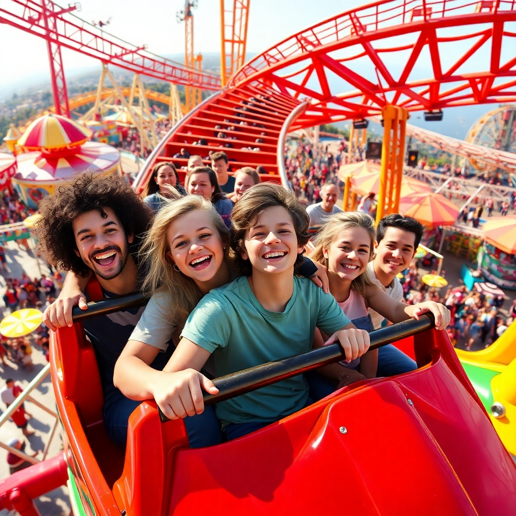 Create a photorealistic image of a group of young people riding a roller coaster in a vibrant amusement park. Capture the thrill and excitement of the ride, with faces expressing joy and exhilaration. The lighting should be bright and sunny, creating a sense of adventure and fun. The color palette should be bold and colorful, reflecting the atmosphere of the amusement park. The camera angle should be a wide shot, capturing the entire roller coaster and the surrounding scenery. Include details like amusement park rides, crowds of people, and colorful decorations. The style should be energetic and carefree, showcasing the joy of shared experiences and new adventures.