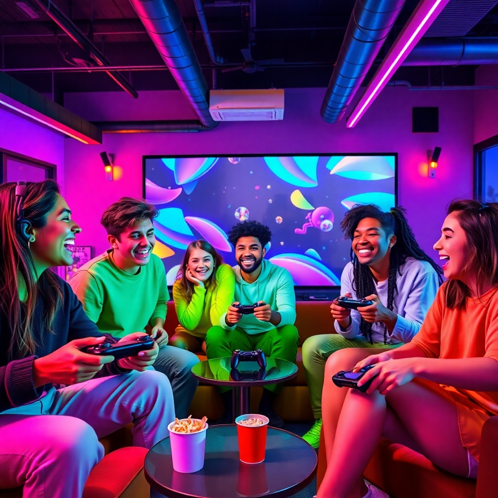 Create a stylized image of a group of diverse young people laughing and enjoying themselves while playing video games together on a large screen in a relaxed lounge area of the youth center. Use bright and vibrant colors to convey the sense of fun and excitement. The lighting should be dynamic and playful, with neon accents and colorful projections. The camera angle should be a wide shot, capturing the entire group and the atmosphere of the lounge. Include details like gaming consoles, controllers, comfortable seating, and snack tables. The style should be modern and energetic, reflecting the youthful spirit of the center.