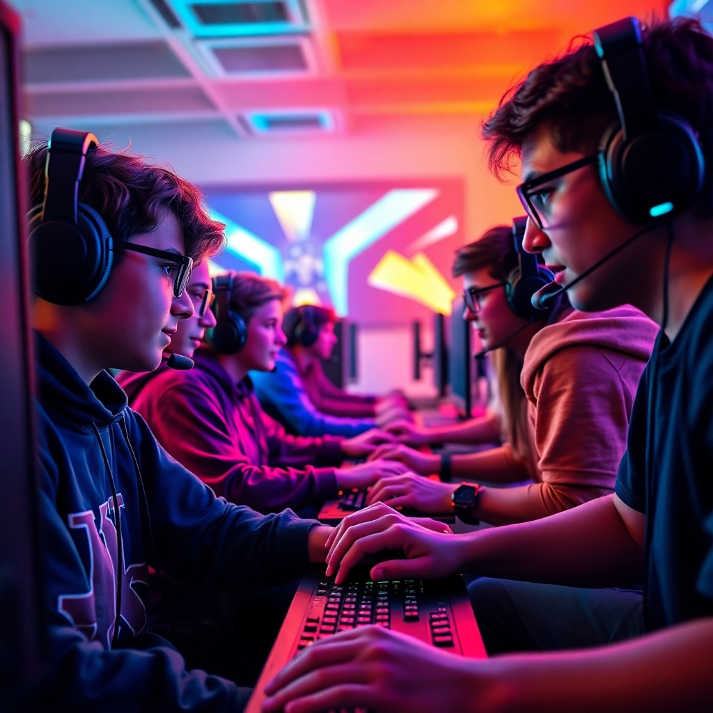 Create a stylized image of a group of young people participating in an e-sports competition in a dedicated gaming room at the youth center. Use dynamic lighting and vibrant colors to convey the excitement and intensity of the competition. The camera angle should be a close-up shot, focusing on the faces of the gamers and their reactions to the game. Include details like gaming monitors, keyboards, mice, and headsets. The style should be modern and energetic, reflecting the competitive spirit of e-sports.