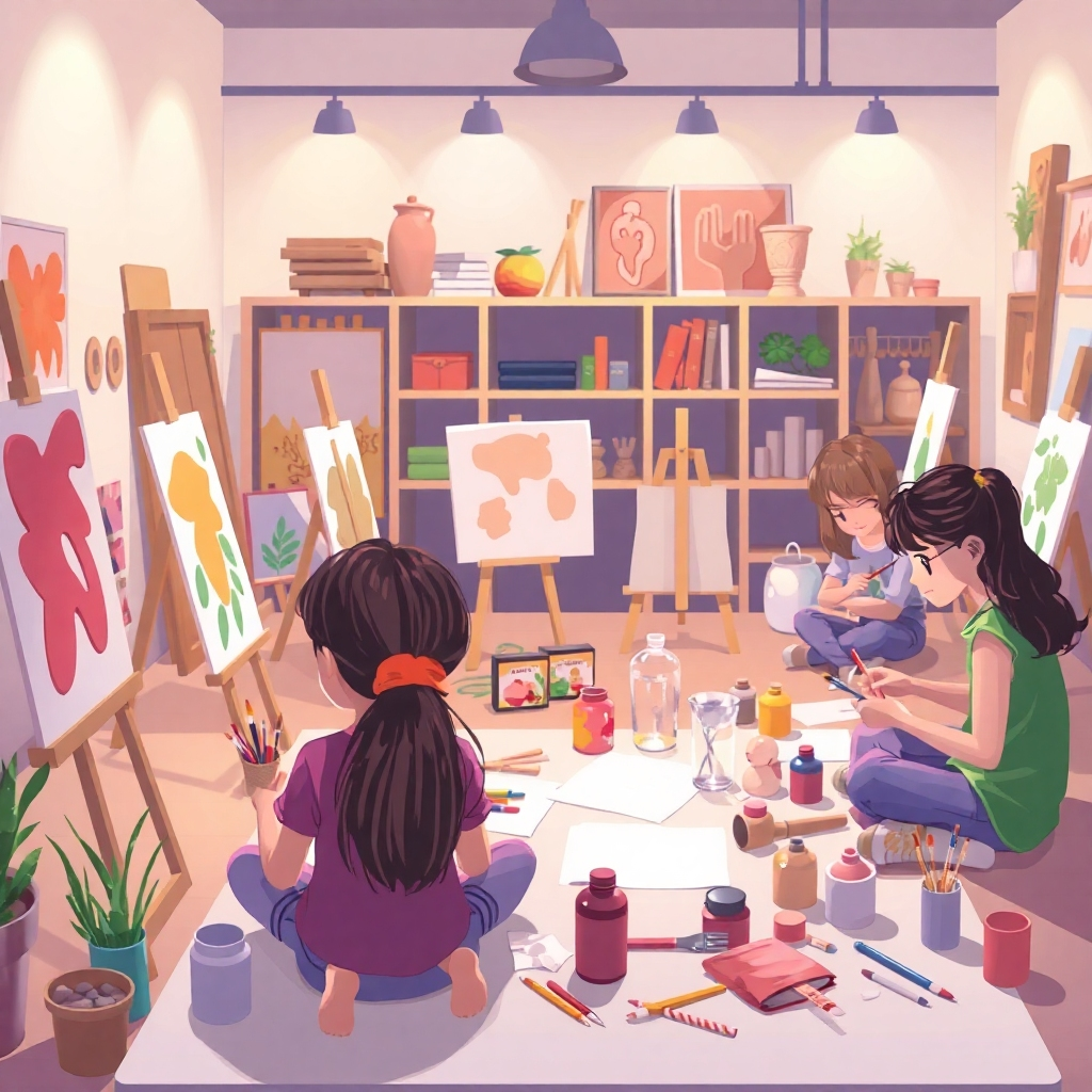 Create a stylized image of young people working on various art projects (painting, drawing, sculpting) in a well-equipped art studio at the youth center. Use soft and diffused lighting to create a relaxed and inspiring atmosphere. The color palette should be rich and varied, reflecting the diversity of artistic mediums. The camera angle should be a medium shot, focusing on the creative process and the individual expressions of the participants. Include details like easels, canvases, brushes, paints, clay, and sculpting tools. The style should be whimsical and imaginative, encouraging artistic exploration and self-expression.