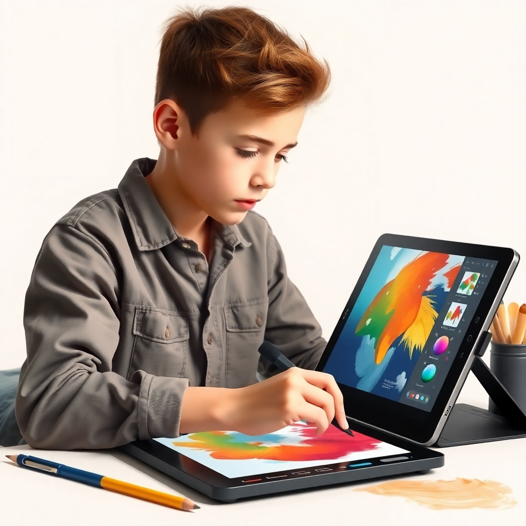 Create an image of a young artist working on a digital painting with a graphic tablet. Include different tools and layers on the display of the tablet.