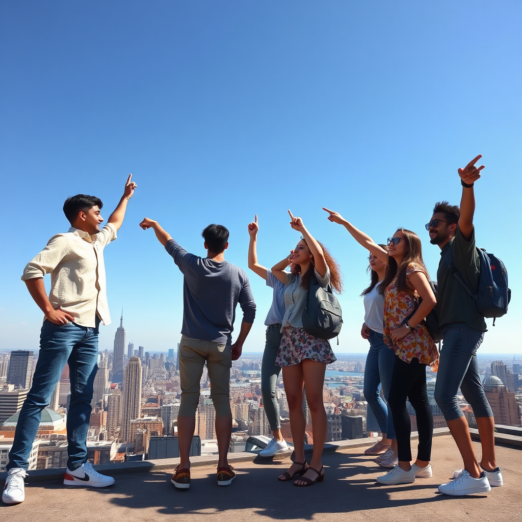 Depict a diverse group of young people standing on a rooftop overlooking a city, confidently pointing towards the future. The sky is clear and bright, symbolizing hope and opportunity. The camera angle should be a wide shot, capturing the scale of the city and the ambition of the young people. Style reference: Inspirational stock photography, emphasizing leadership and vision. Technical specs: High resolution, photorealistic.