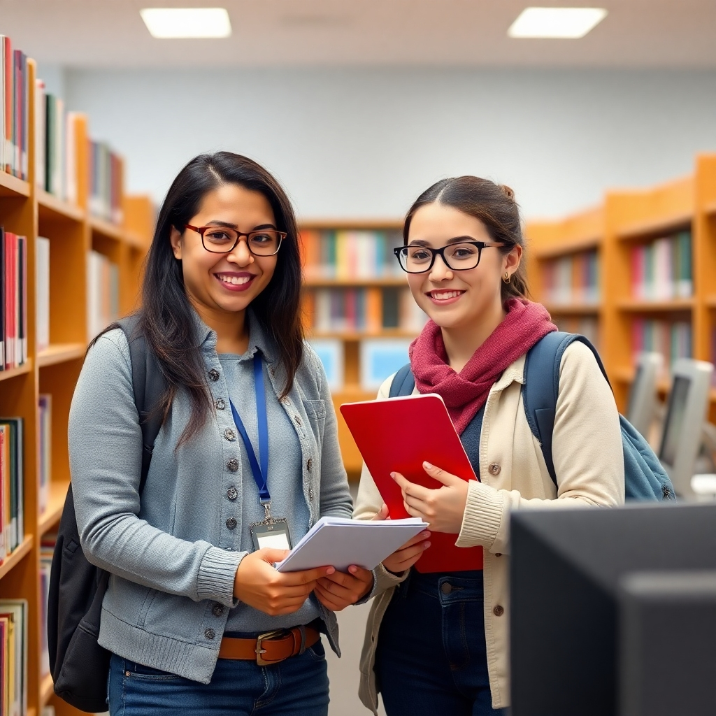 Depict a friendly advisor guiding a student in a library. The scene should convey a supportive and informative atmosphere, with books and computers in the background.