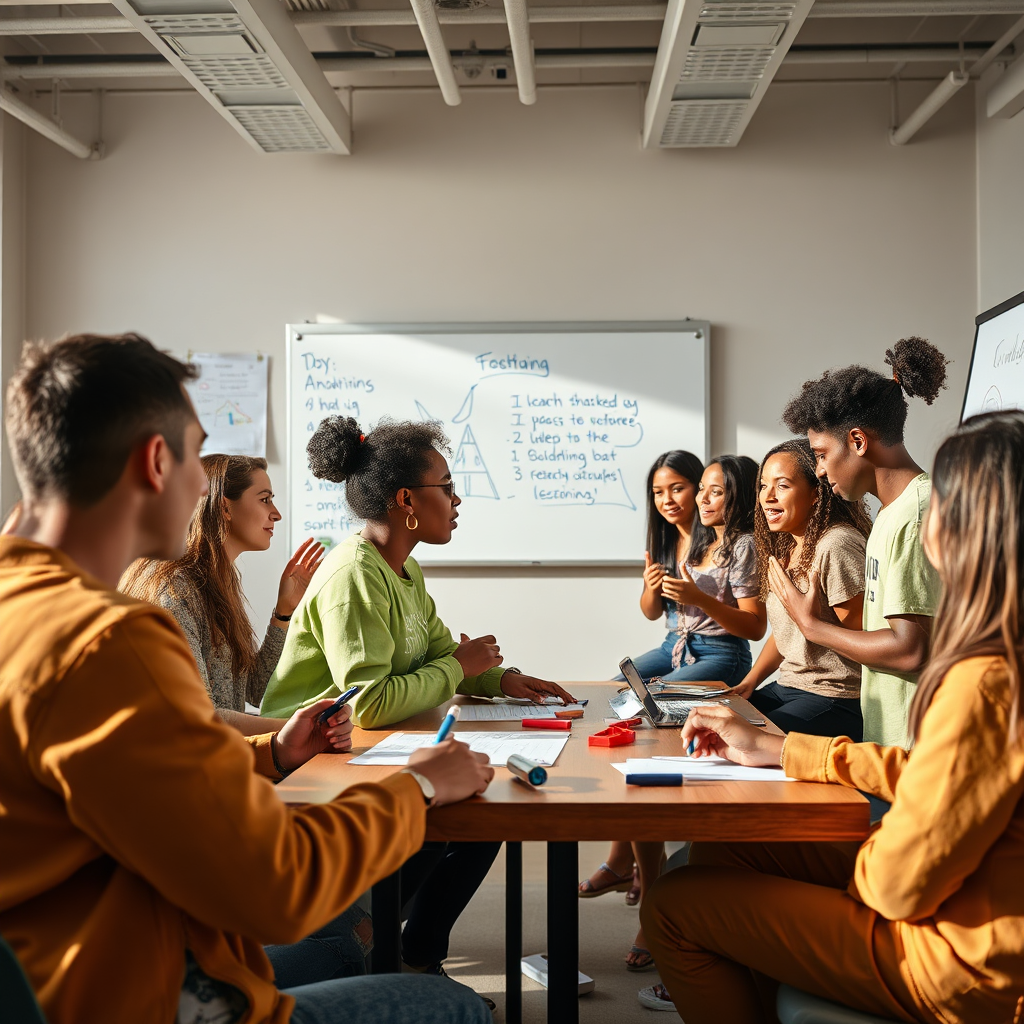 Depict a lively and engaging workshop session with young people actively participating in discussions and activities. Show them using tools like whiteboards, markers, and interactive games to learn about youth participation. The atmosphere should be energetic, collaborative, and inclusive, with diverse representation. Use bright, natural lighting and a dynamic composition to capture the essence of a stimulating learning environment. Style: Modern educational photography. Technical Specs: 4K resolution, high quality, photorealistic.