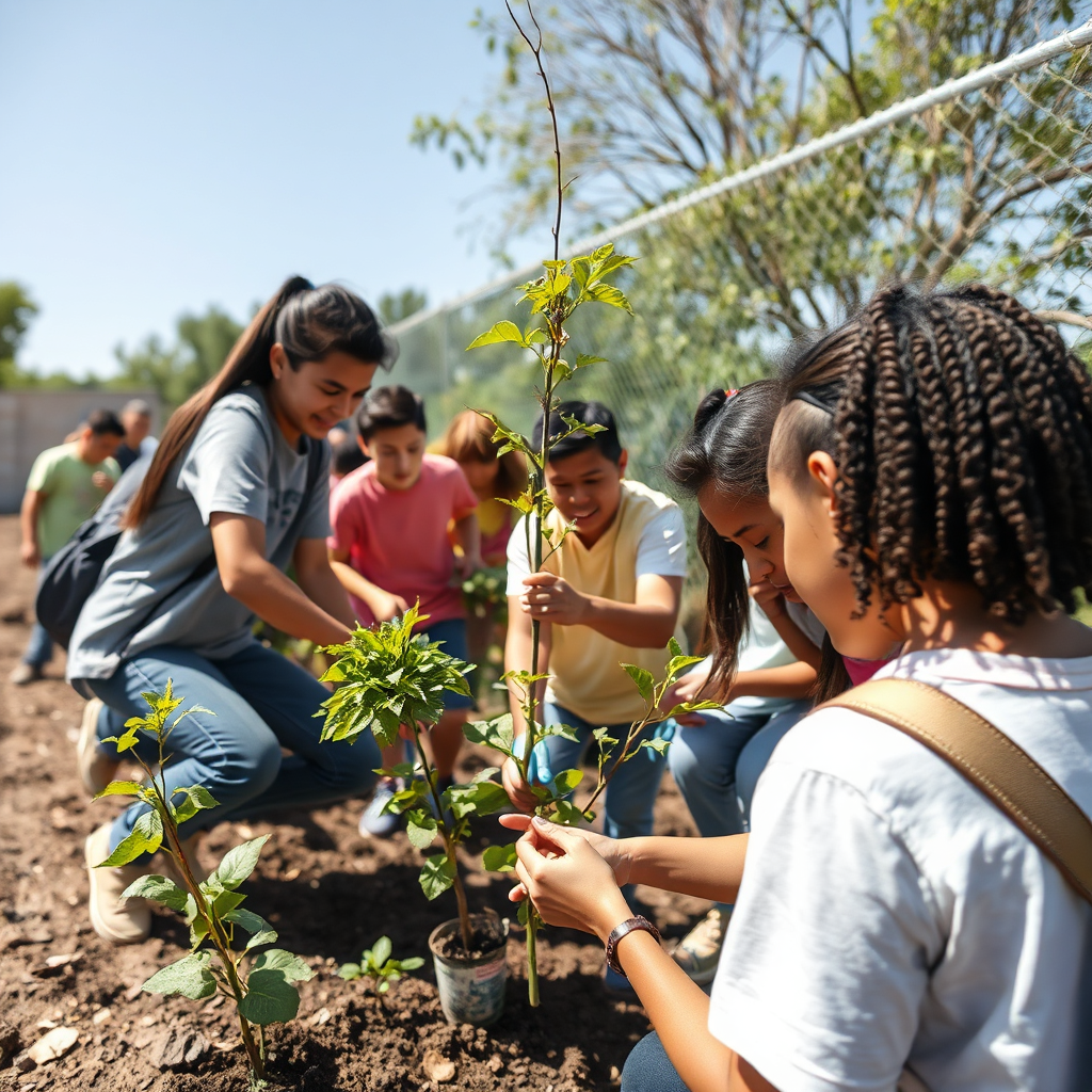 Show a group of young people actively working on a community project, such as planting trees or painting a mural. Their actions should convey a sense of purpose and impact. Bright, natural lighting should highlight their energy and enthusiasm. The camera angle should be a medium shot, capturing the scope of their work. Style reference: Action photography, emphasizing movement and positive change. Technical specs: High resolution, photorealistic.