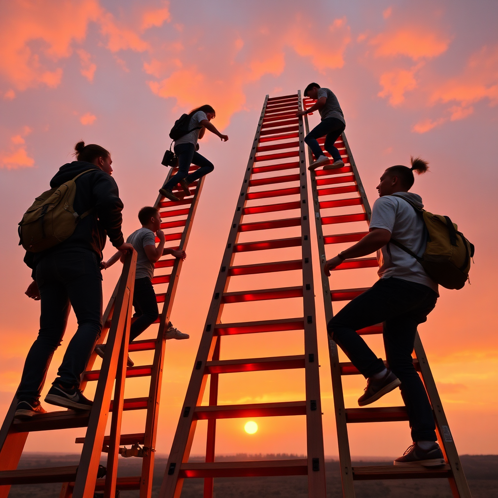 Create a stylized image that represents the 'Ladder van Hart' concept. Imagine a ladder visually constructed from interconnected hearts, leading upwards toward a bright, hopeful sky. At the base of the ladder, depict diverse young people working together, supporting and encouraging each other as they climb. The overall tone should be uplifting and empowering. Use a warm color palette with shades of orange, yellow, and pink to evoke feelings of hope and connection. The camera angle should be a low angle, looking up at the ladder to emphasize its height and the aspirational journey. Textures should be smooth and polished, giving the image a clean and modern look. Style reference: Modern, minimalist vector illustration with a focus on symbolism and emotional impact. Technical specs: 4K resolution, high quality, stylized.