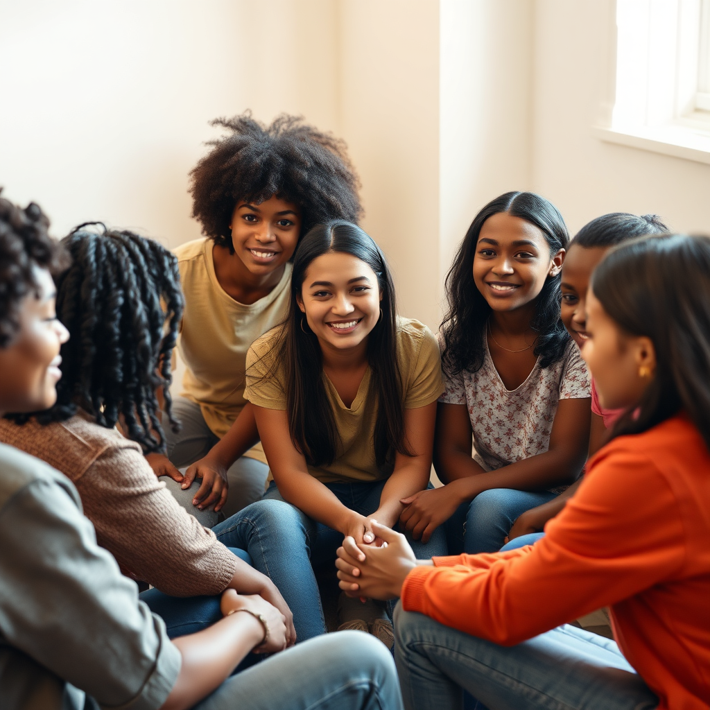 Visualize a diverse group of young people sitting in a circle, engaged in a deep and meaningful conversation. Their facial expressions should convey empathy and understanding. Soft, warm lighting should create a safe and welcoming atmosphere. The camera angle should be a close-up, focusing on the faces of the participants. Style reference: Documentary photography, emphasizing human connection and emotional authenticity. Technical specs: High resolution, photorealistic.