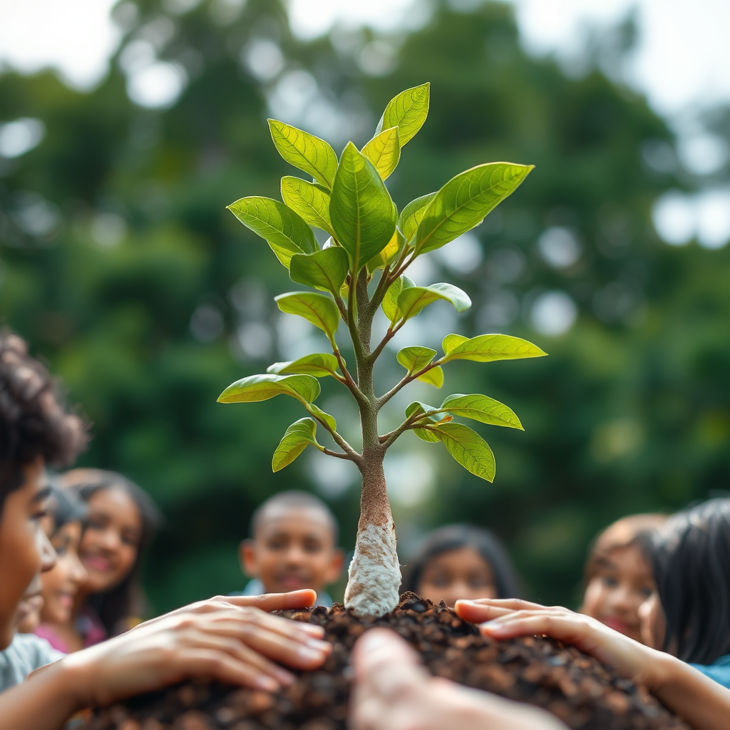 Visualize a seed sprouting into a strong, healthy tree, symbolizing growth and transformation. The tree is surrounded by diverse young people who are nurturing and caring for it. The camera angle should be a close-up, focusing on the connection between the tree and the young people. Style reference: Nature photography, emphasizing growth and connection. Technical specs: High resolution, photorealistic.