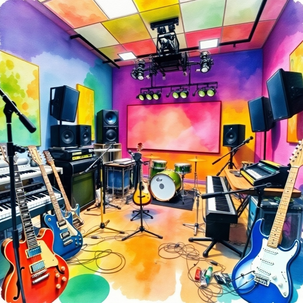 A bright and cheerful image of a music class in session. Students are learning various instruments and music theory, guided by a passionate instructor. The classroom is colorful and inviting, with musical instruments and learning materials adorning the walls. The camera angle is a medium shot, capturing the interaction between the students and the instructor. Render in 4K resolution.