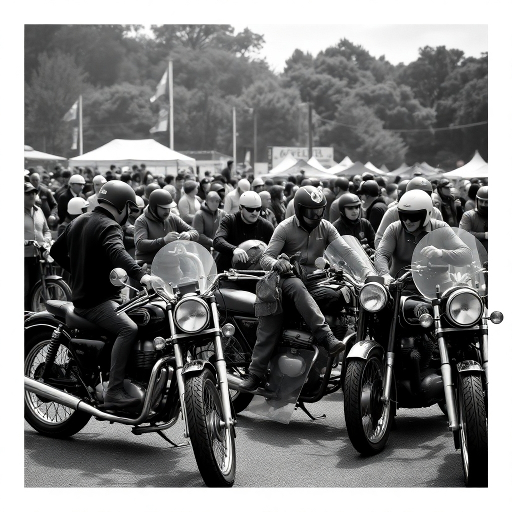 A black and white photograph of a vintage motorcycle rally, capturing the atmosphere and energy of the event. The photograph is gritty and authentic, with a focus on the people and their bikes. Style reference: documentary photography. 4K resolution, classic feel.