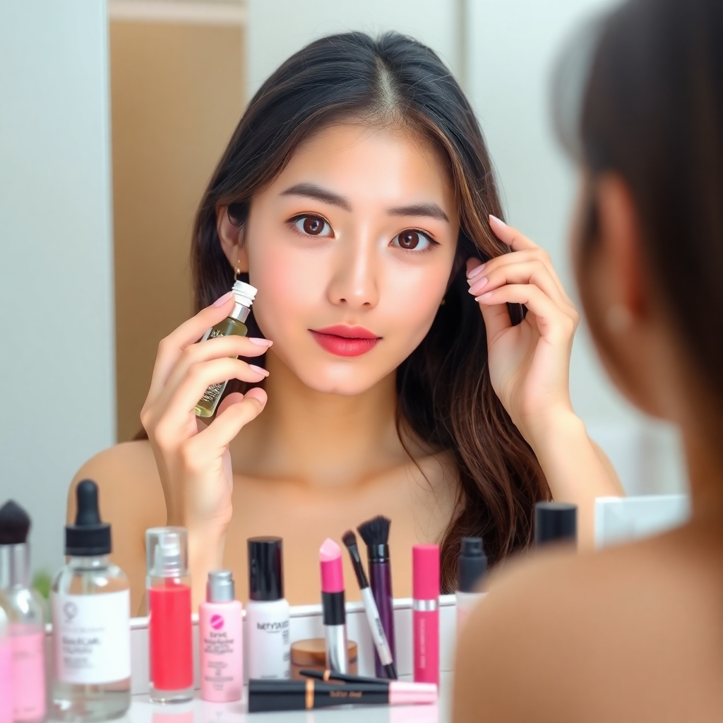 A brightly lit, photorealistic image showcasing a teen girl in front of a vanity mirror, applying a serum to her face. Soft, diffused light illuminates her skin, highlighting its natural glow. Various beauty products are neatly arranged on the vanity, including makeup brushes, skincare bottles, and colorful lip glosses. Camera angle: a medium shot, capturing the girl's reflection in the mirror and the arrangement of beauty products. Style reference: influenced by Korean beauty (K-beauty) aesthetics, emphasizing a clean, minimalist, and fresh-faced look.