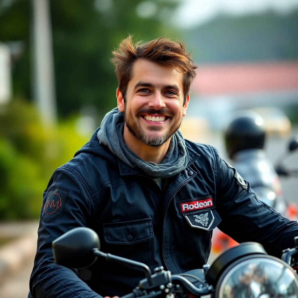 A candid portrait of a motorcycle rider, capturing their personality and passion for riding. The rider is smiling and relaxed, standing next to their motorcycle. The background is blurred, emphasizing the rider as the main subject. Style reference: portrait photography. 4K resolution, natural lighting.