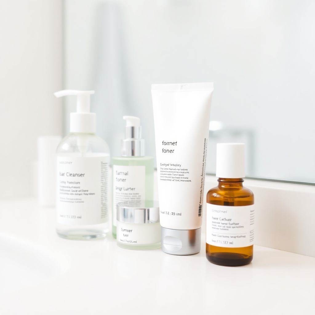 A clean and minimalist image of essential skincare products arranged on a white countertop. The products include a cleanser, toner, moisturizer, and sunscreen. The background is a blurred bathroom setting. Lighting is soft and even, highlighting the clean and simple aesthetic. Camera angle: a close-up shot, capturing the details of each skincare product. Style reference: inspired by Scandinavian skincare brands and minimalist lifestyle blogs.