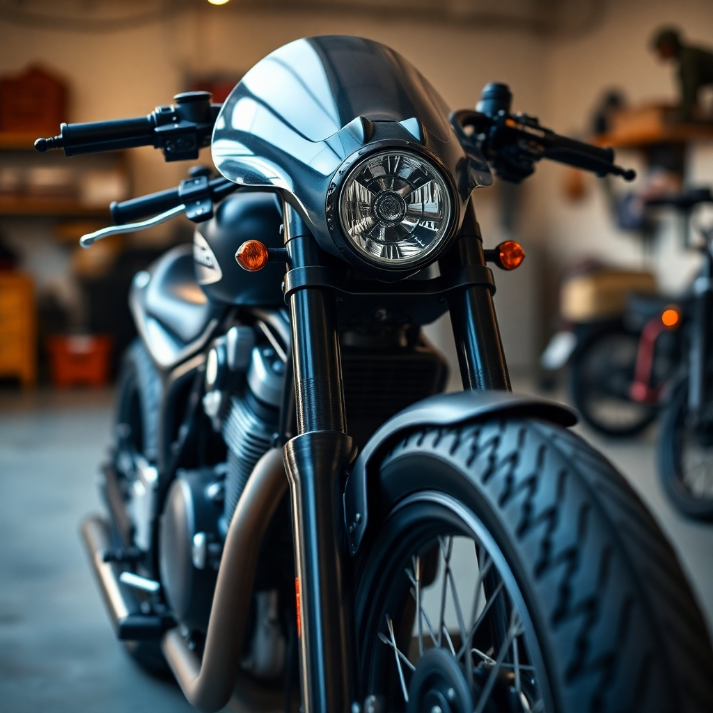 A close-up shot of a meticulously crafted custom motorcycle, showcasing its unique design and details. The motorcycle is parked in a garage, with soft, ambient lighting. Focus on the intricate details and the craftsmanship of the build. Style reference: automotive design photography. 4K resolution, shallow depth of field.
