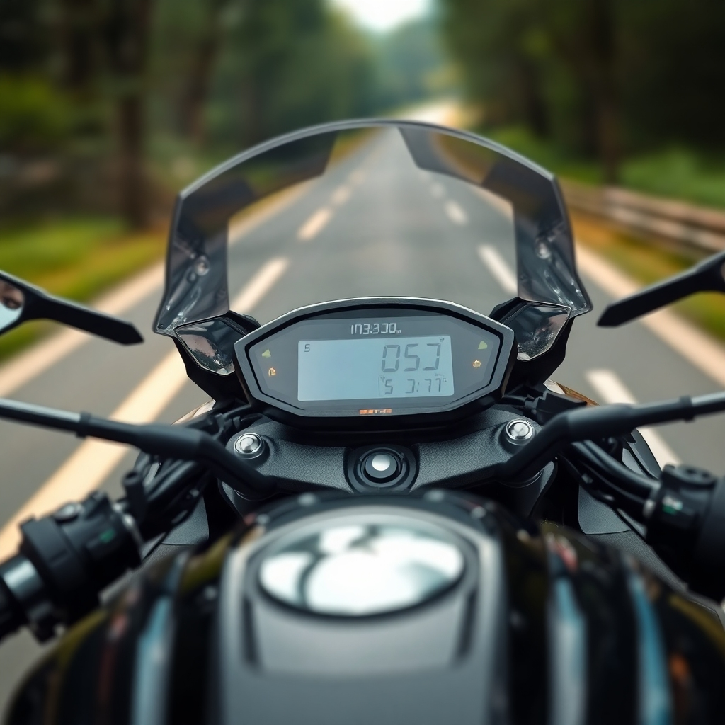 A close-up shot of a motorcycle dashboard, highlighting the digital display and integrated technology. The motorcycle is in motion, with blurred scenery visible through the windshield. The lighting is focused on the dashboard, creating a sense of futuristic innovation. Style reference: automotive photography. 4K resolution, shallow depth of field.