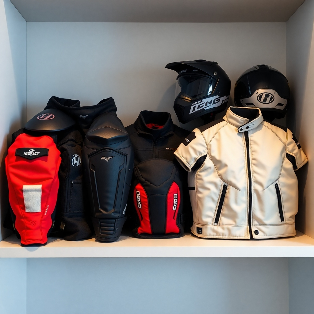 A curated selection of motorcycle gear neatly arranged on a shelf, showcasing different styles and brands. Soft, diffused lighting highlighting the textures and colors of the gear. Style reference: minimalist product photography, 4K resolution.