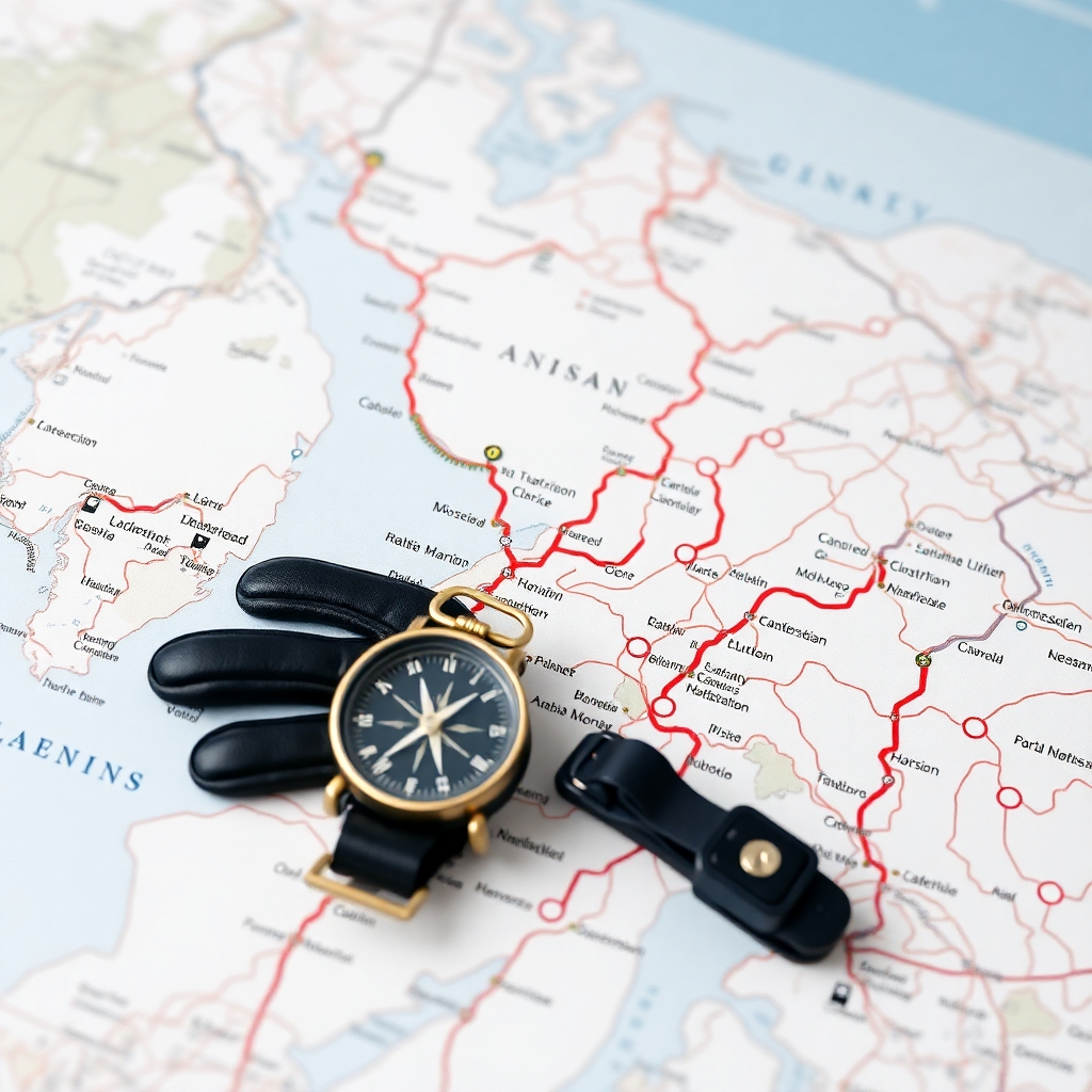 A detailed map of a scenic motorcycle route, highlighting key landmarks and points of interest. A compass and a pair of riding gloves are placed on top of the map. Style reference: travel photography, 4K resolution.