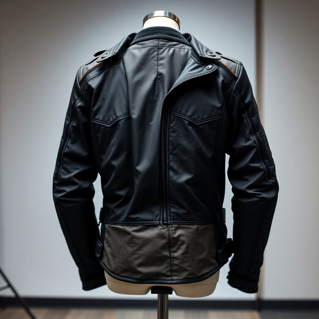 A detailed product shot of a high-end motorcycle jacket, showcasing its features and construction. The jacket is hanging on a mannequin in a studio setting, with professional lighting. Focus on the texture of the materials and the precision of the stitching. Style reference: product photography. 4K resolution, high detail.