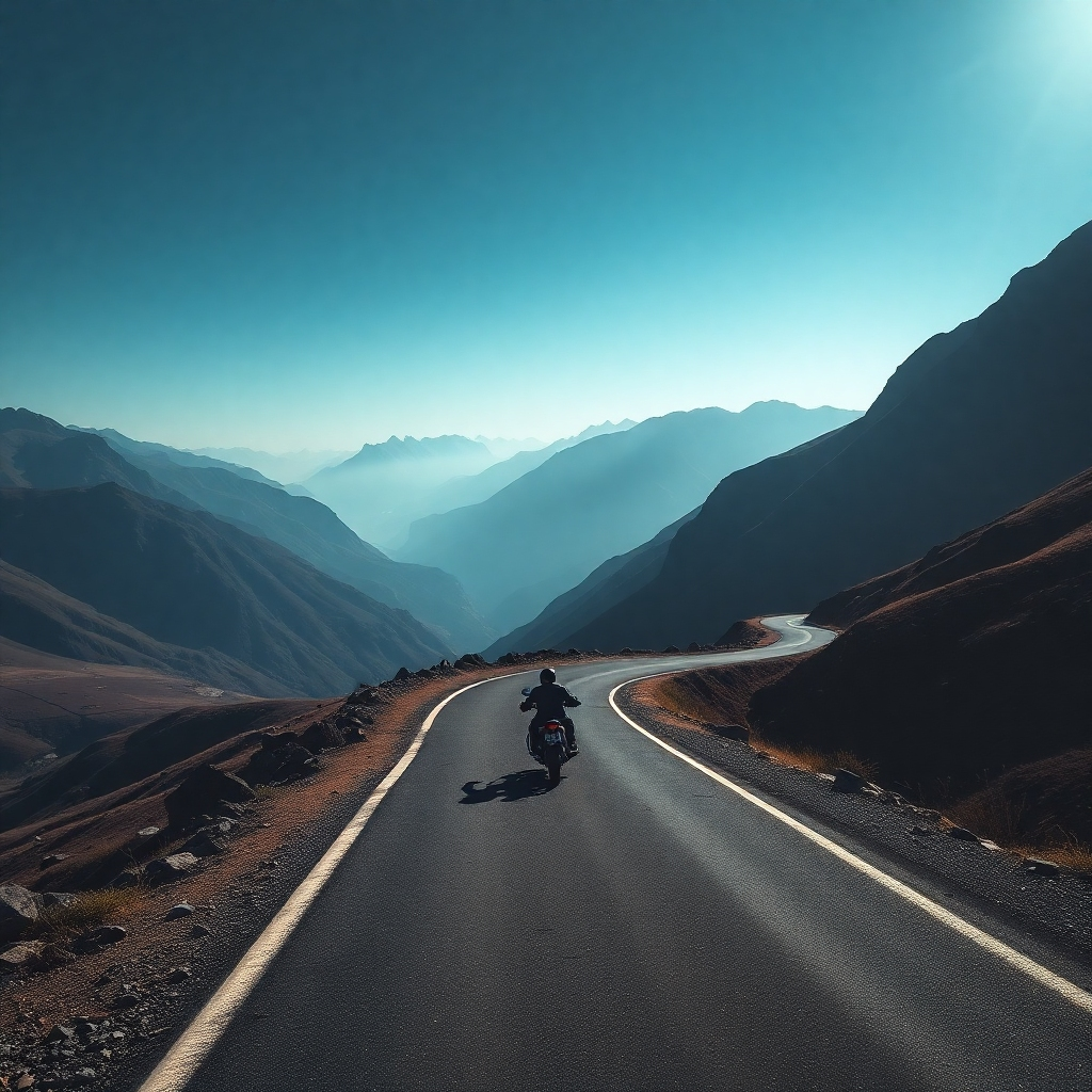 A dramatic landscape photograph of a winding road stretching through a vast, mountainous terrain. A lone motorcycle rider is visible in the distance, conquering the challenging road. The lighting is dramatic, with shadows and highlights emphasizing the scale of the landscape. Style reference: landscape photography. 4K resolution, wide angle.