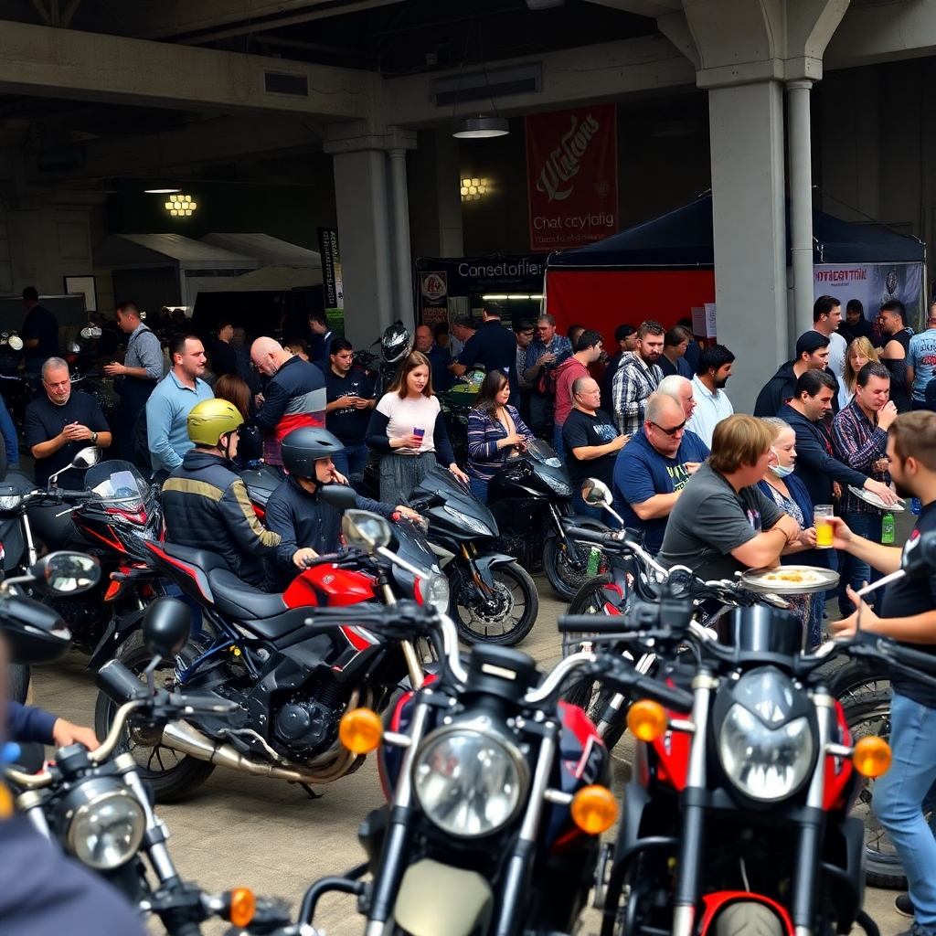 A lively scene of a motorcycle community event, with riders socializing, admiring motorcycles, and enjoying food and drinks. The atmosphere is festive and welcoming. Style reference: event photography, 4K resolution.