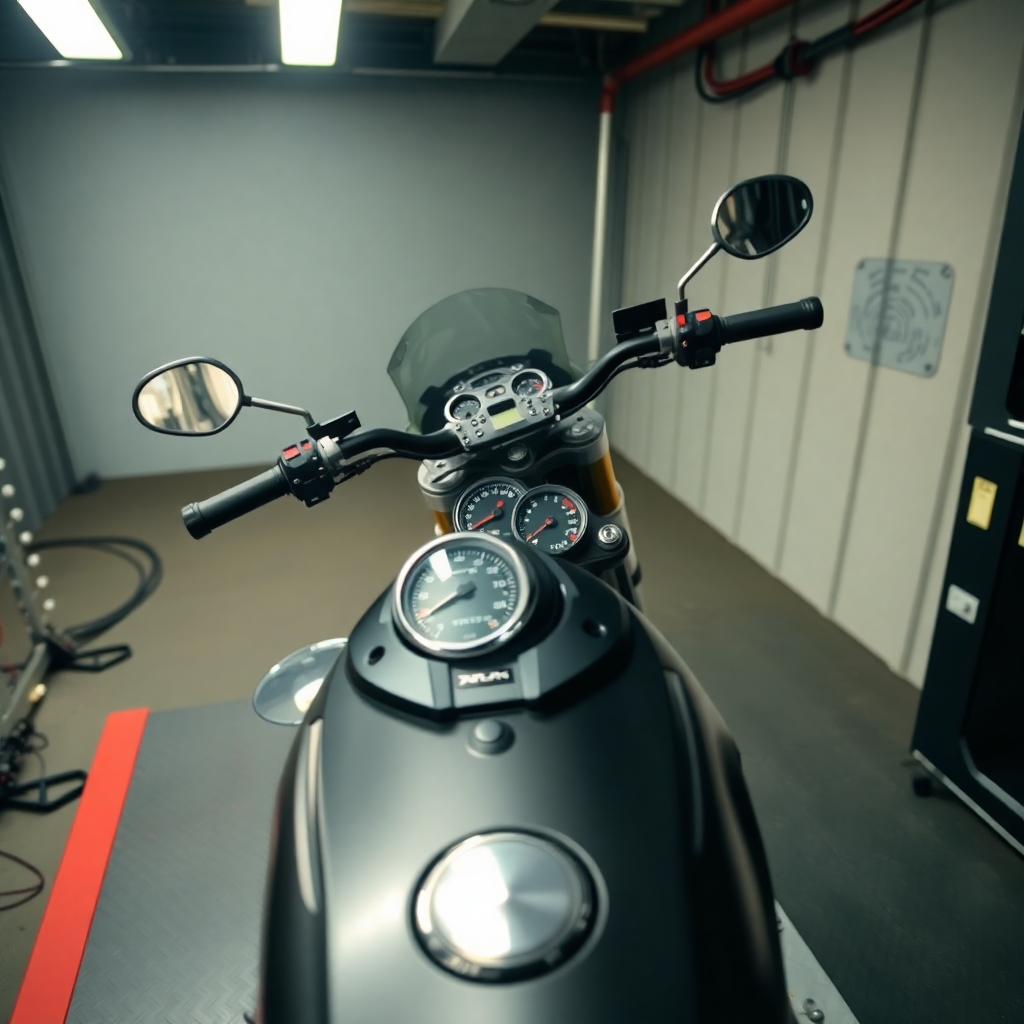 A motorcycle on a dynamometer being tested and reviewed, inside a controlled environment. Emphasis on gauges, readouts and mechanics. Style reference: automotive journalism. 4K resolution.
