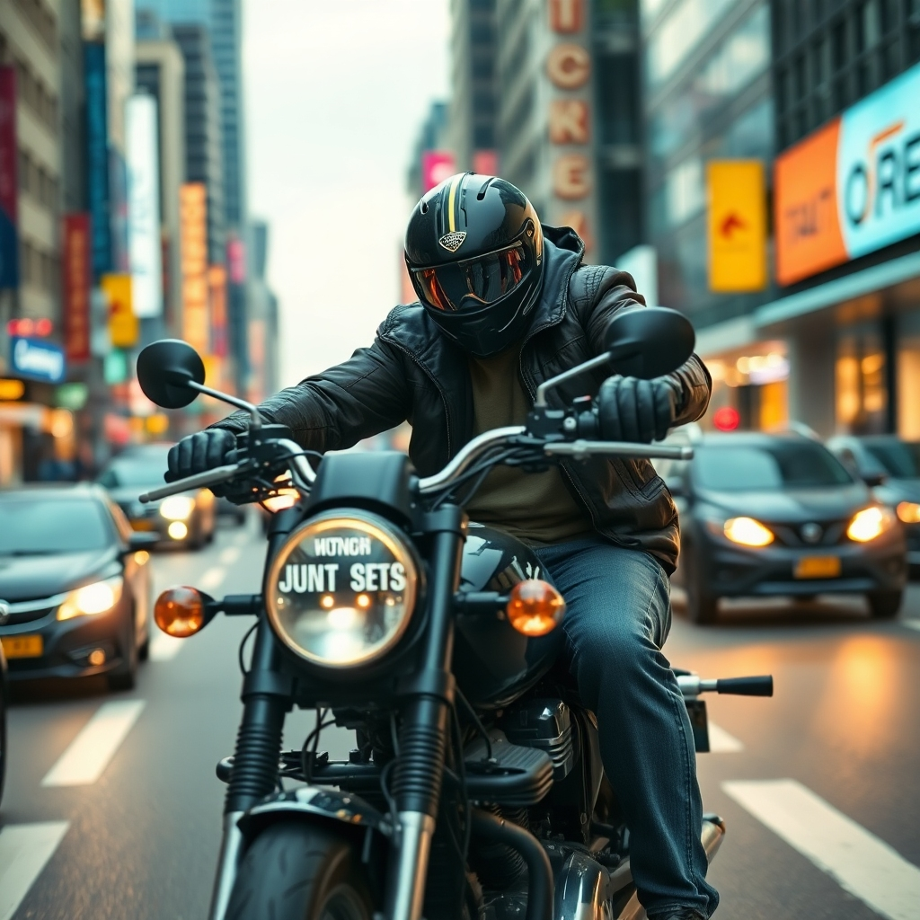 A photorealistic image of a motorcycle rider navigating a bustling city street. The rider is wearing stylish gear and confidently maneuvering through traffic. The background is a blur of city lights and activity. The camera angle is low, emphasizing the rider's presence and the dynamic environment. Style reference: street photography. 4K resolution, dynamic composition.