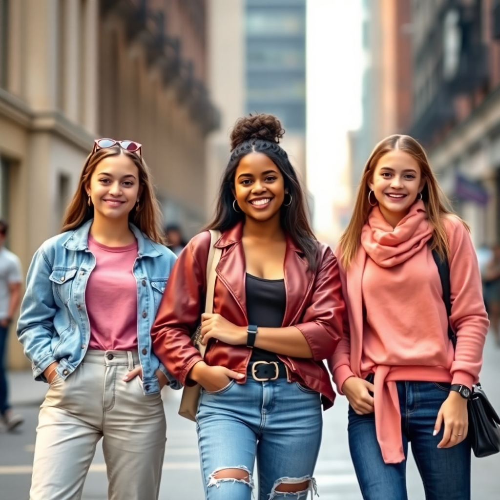 A photorealistic portrait of a diverse group of teen girls, each wearing an outfit that reflects their unique personal style and boosts their confidence. The girls are smiling and posing confidently for the camera. The background is a blurred city street. Lighting is natural and flattering, highlighting the girls' individual features and outfits. Camera angle: a medium shot, capturing the girls from the waist up. Style reference: inspired by street style photography and body positivity campaigns.