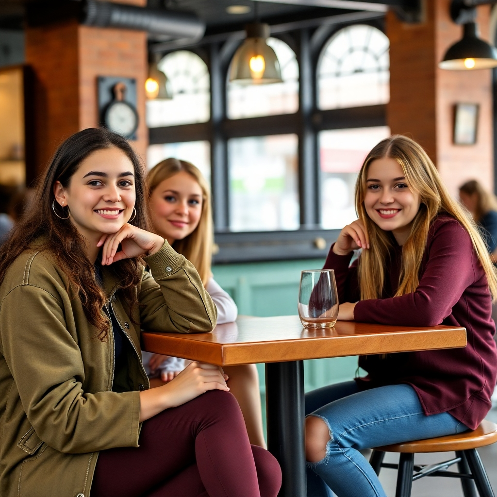 A stylized illustration of a group of diverse teen friends sitting in a cozy cafe, chatting and laughing. The illustration style is vibrant and colorful, with clean lines and a touch of whimsy. The overall atmosphere is warm and inviting. The scene is set against a backdrop of bookshelves and plants, creating a sense of community and connection. Camera angle: a wide shot, capturing the entire group and the surrounding cafe environment. Style reference: draws inspiration from modern graphic novels and teen-centric animated shows.