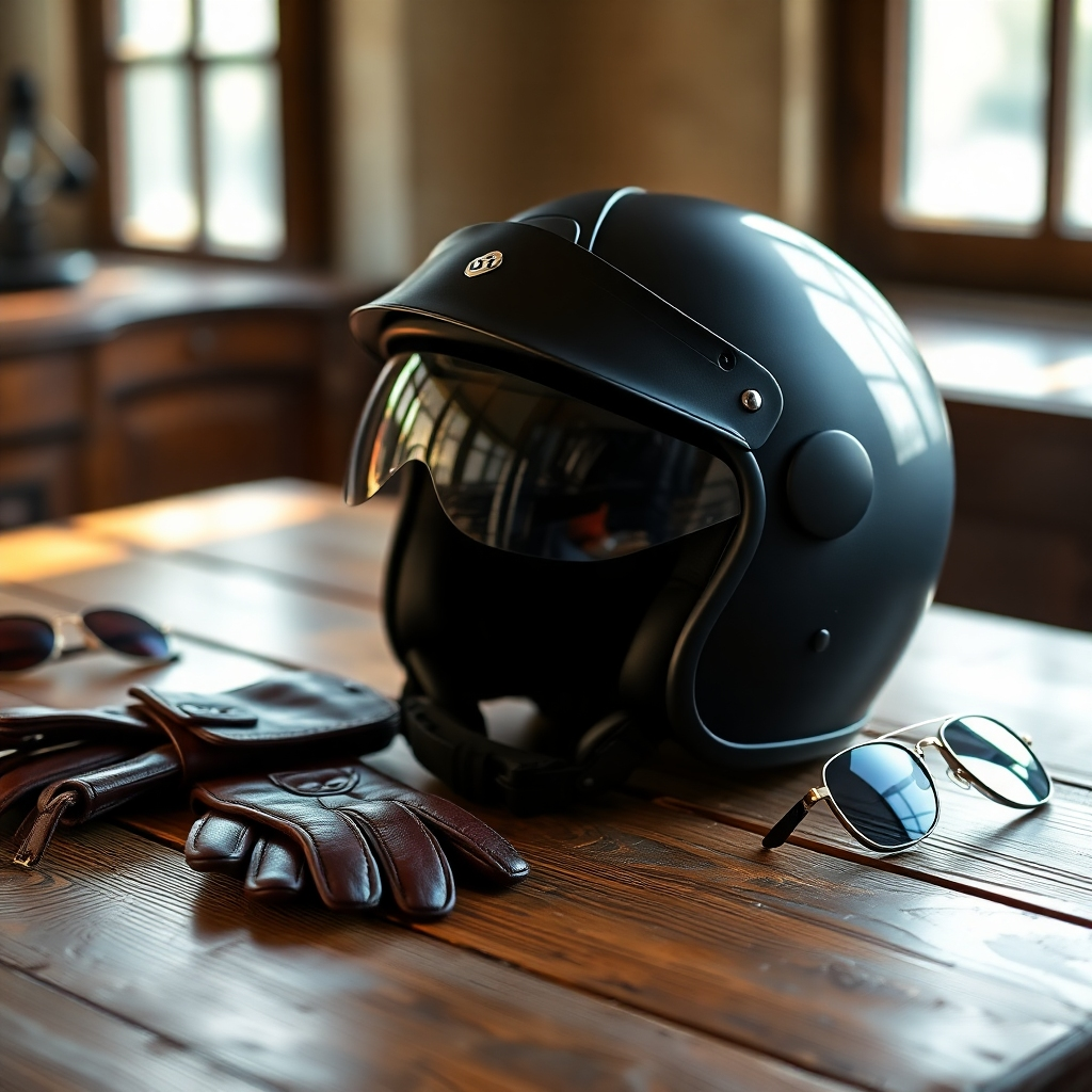 Photorealistic image showcasing a stylish motorcycle helmet resting on a vintage wooden table, alongside leather riding gloves and sunglasses. Soft, natural light streaming in from a window. Focus on the textures and details of the gear. The background is blurred, emphasizing the helmet as the main subject. The scene should evoke a sense of sophistication and style. Style reference: high-end product photography. 4K resolution, sharp focus.