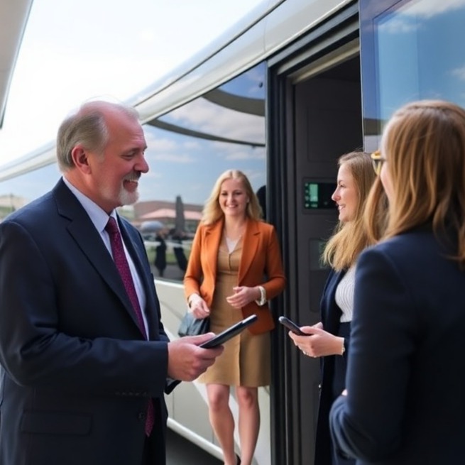 A dedicated concierge greeting passengers as they board a luxury coach. The scene should be friendly and welcoming, emphasizing the personalized service.
