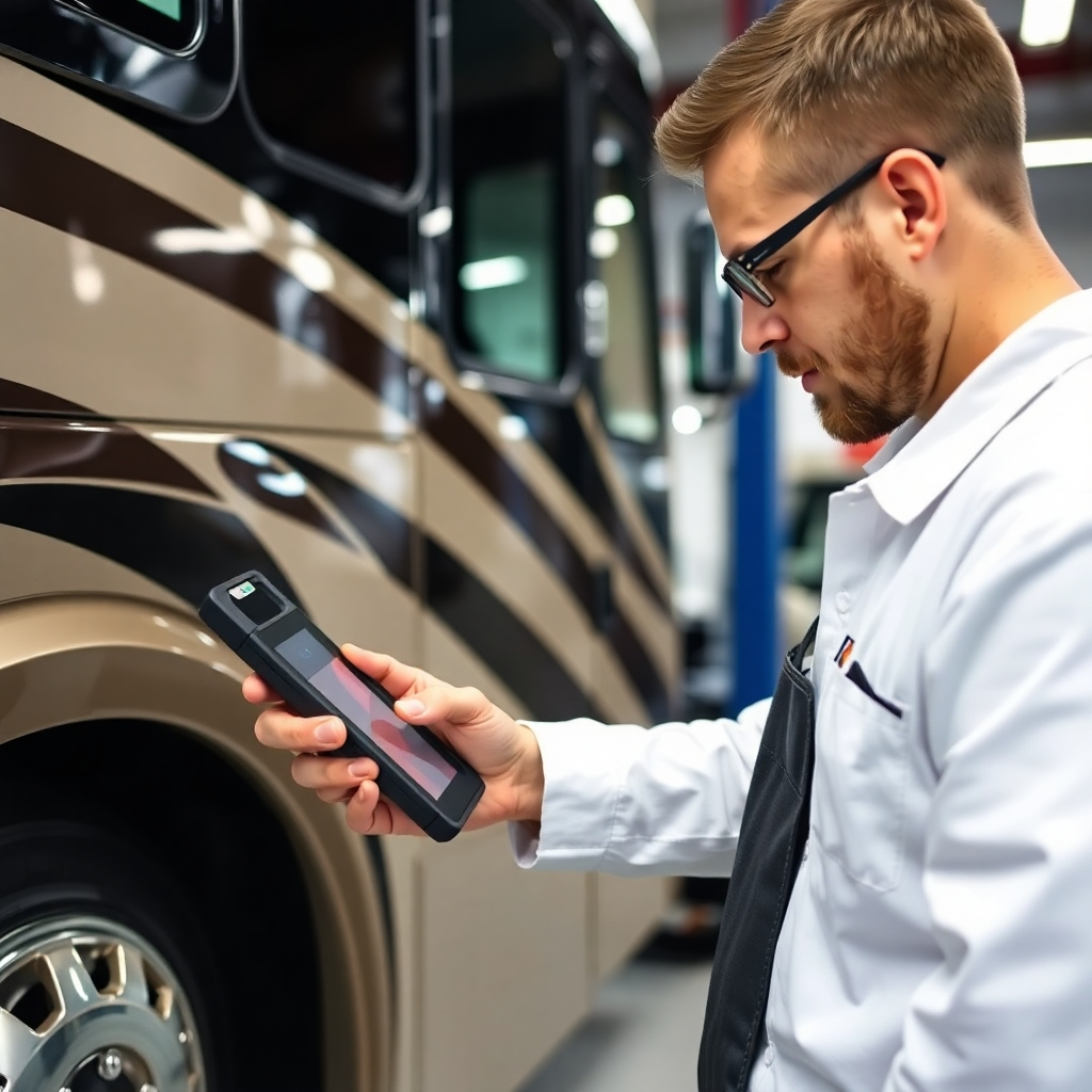 A detailed shot of a certified mechanic conducting a thorough safety inspection on a coach. The focus should be on the mechanic's expertise and the advanced technology used in the inspection process. The environment should be a well-equipped maintenance garage.