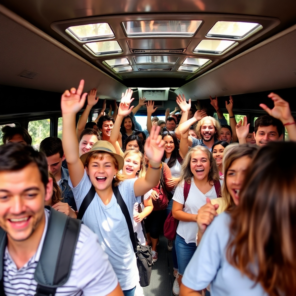 A large group of people, including families and friends, excitedly boarding a coach for a trip. The atmosphere should be cheerful and celebratory, emphasizing the fun of group travel.