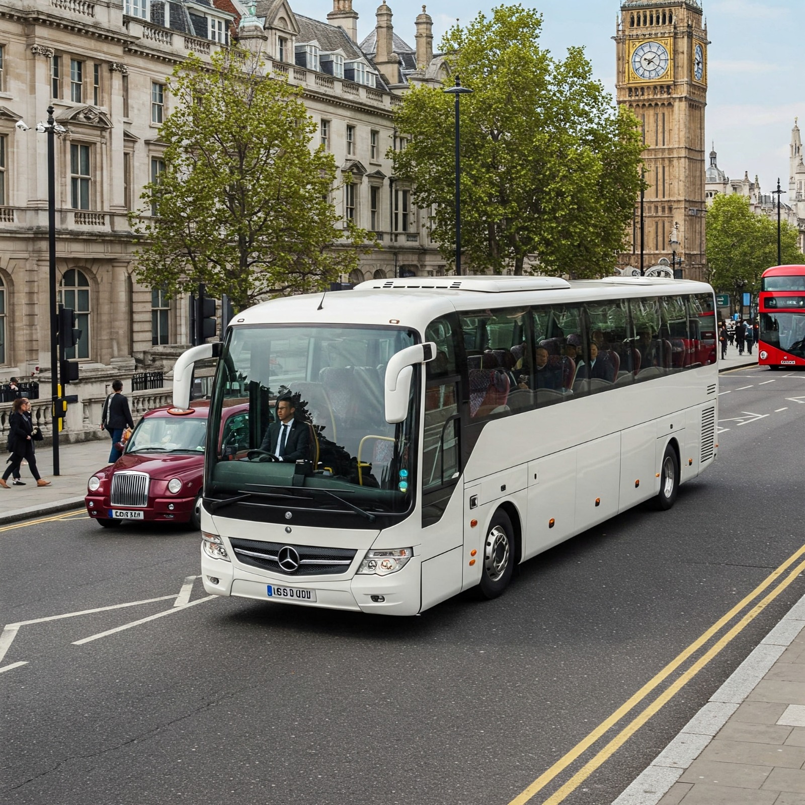 Create an image of a coach arriving precisely on time at a well-known landmark, such as a stadium or airport. The coach should be clean and modern, with a visible clock in the background showing the exact arrival time. The overall tone should be one of precision and reliability.
