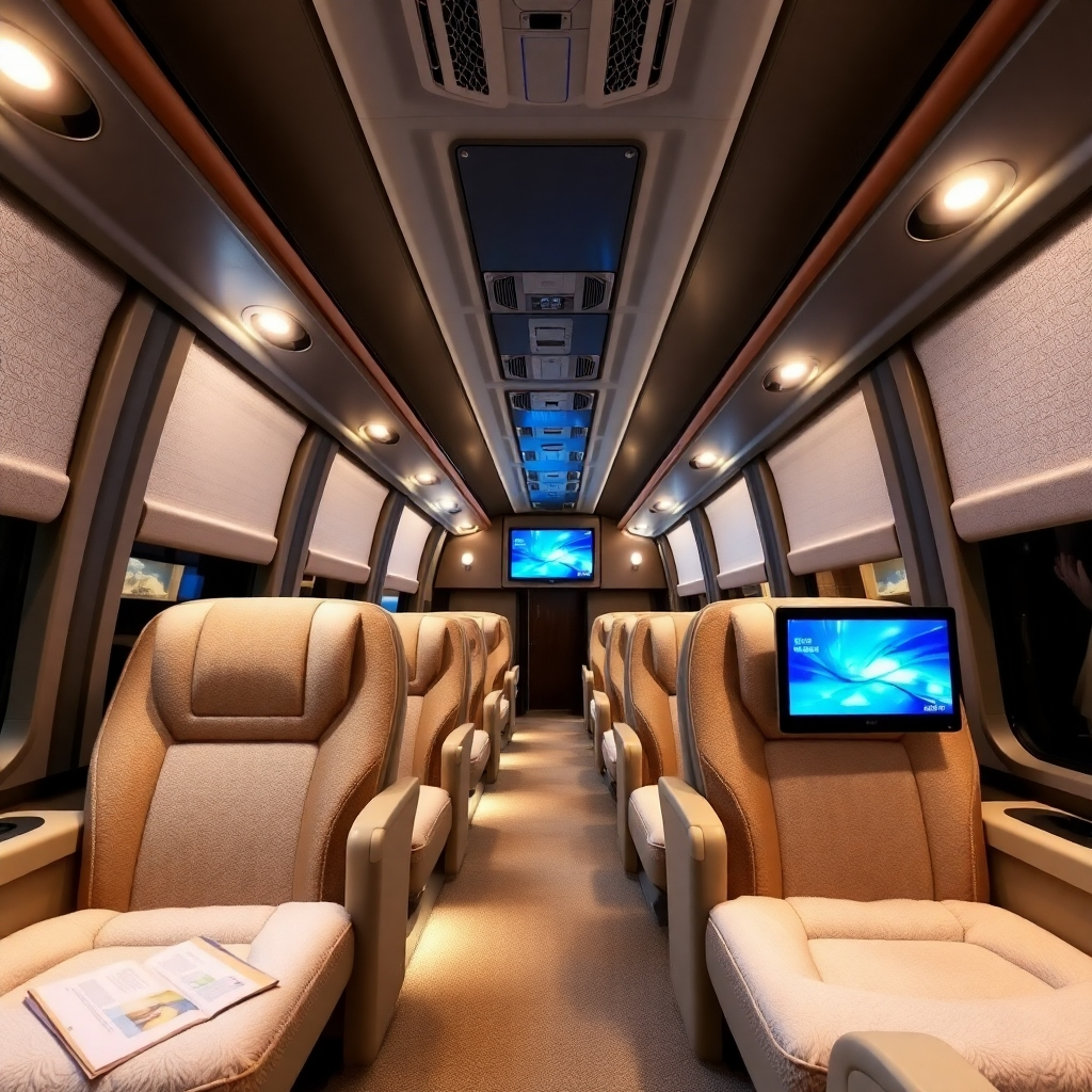 Interior shot of a modern coach, showcasing plush, comfortable seating, individual reading lights, and entertainment screens. Focus on creating a sense of relaxation and spaciousness.