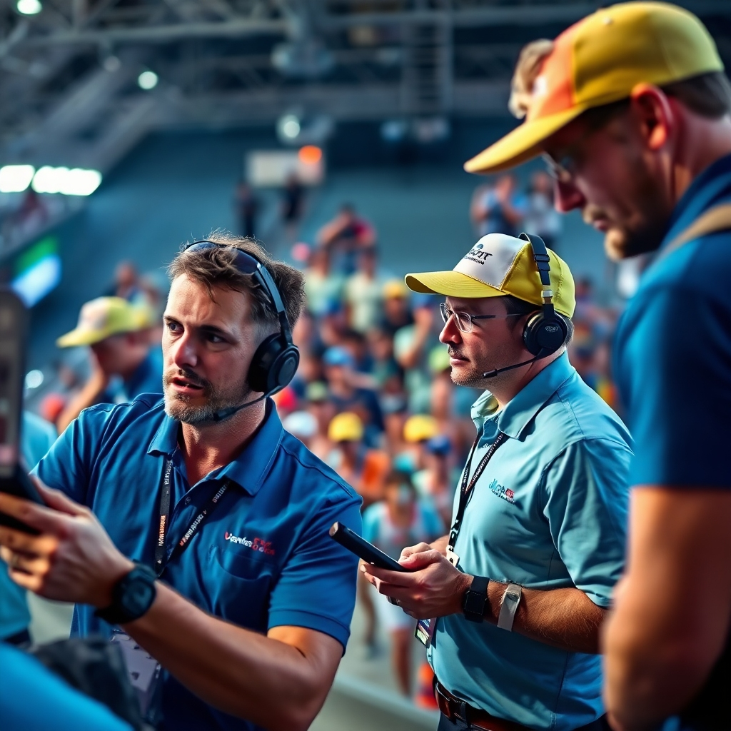 A photorealistic image capturing the behind-the-scenes coordination of a large-scale sporting event in the Cayman Islands. Event staff are communicating via radios, directing participants, and managing logistics. The composition emphasizes the seamless coordination and efficiency of the event. The lighting is dynamic and energetic, reflecting the fast-paced nature of the event. Focus on the focus and determination of the event staff, the precision of their actions, and the smooth flow of the event. The camera angle is high, providing a bird's-eye view of the event. Style is dynamic and professional, conveying a sense of expertise and efficiency.