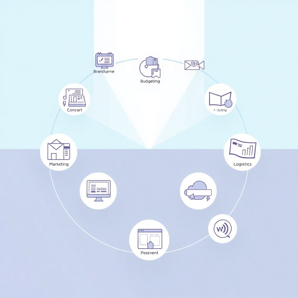 A stylized graphic depicting a complete event lifecycle, from initial concept to final execution. The graphic should showcase the various stages of event planning, including brainstorming, budgeting, marketing, logistics, and post-event analysis. The graphic should use a clean and modern design with a consistent color palette. The lighting should be bright and inviting, creating a sense of clarity and organization. Focus on the smooth flow of the event lifecycle and the seamless integration of each stage. The camera angle is overhead, providing a comprehensive view of the entire process. Style is modern and professional, conveying a sense of completeness and efficiency.